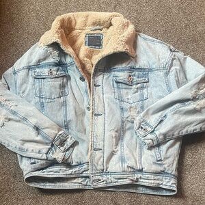 Zara Man Distressed Denim Trucker Jacket Sz L Sherpa Lined Faux Fur Grunge